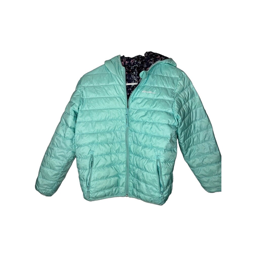 Eddie Bauer Girls Large 14/16 Reversible Winter Puffer Down Jacket Hood  Teal